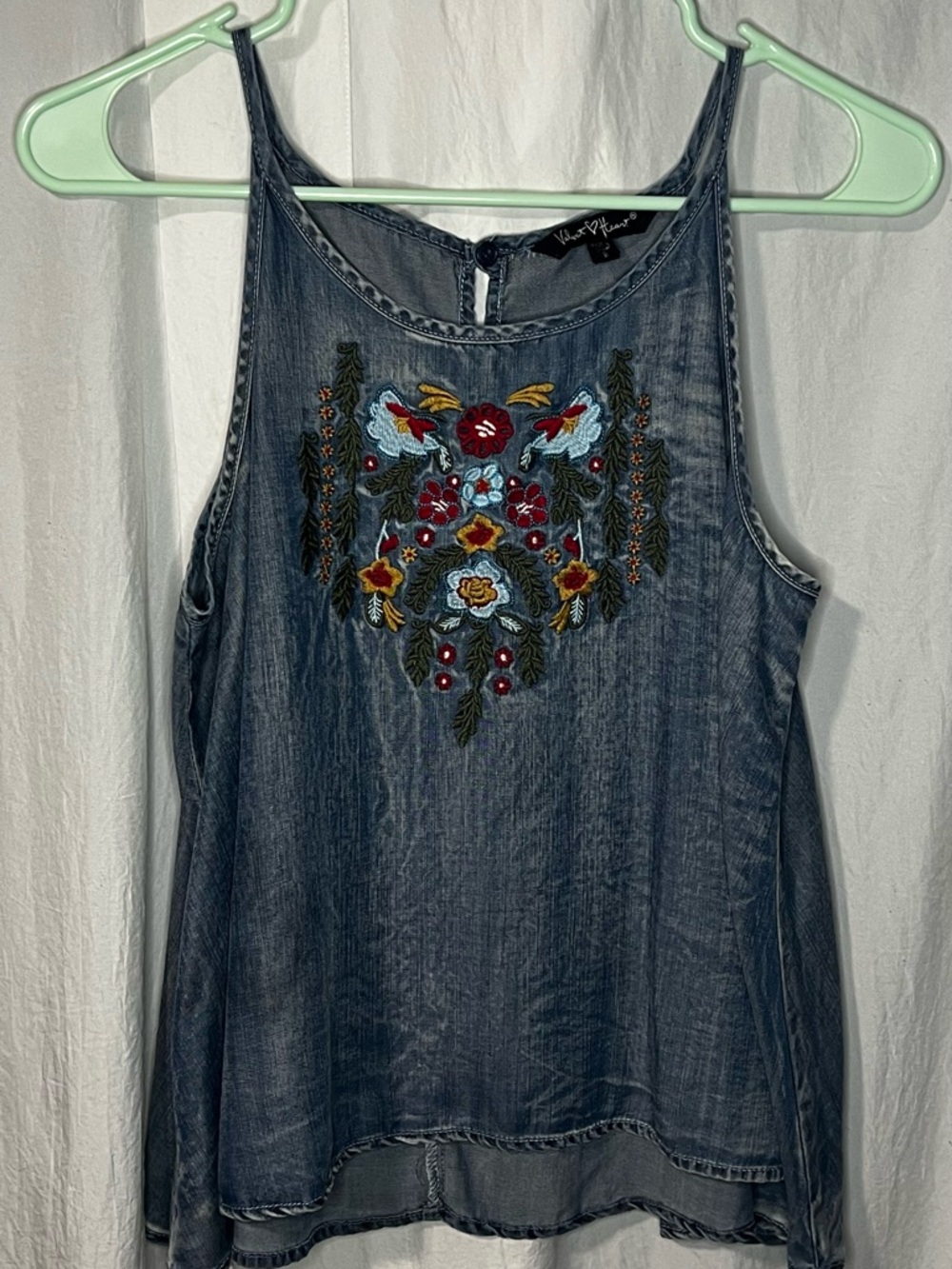 Velvet Heart - Soft flowy Denim Blue Embroidered Floral Tank